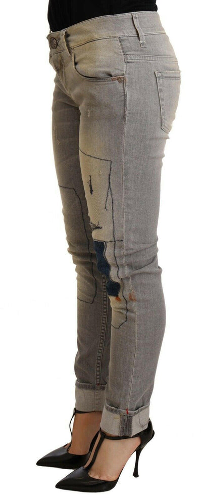 Acht Graue Slim Fit Jeanshose aus Baumwolle mit umgeschlagenem Saum für Damen