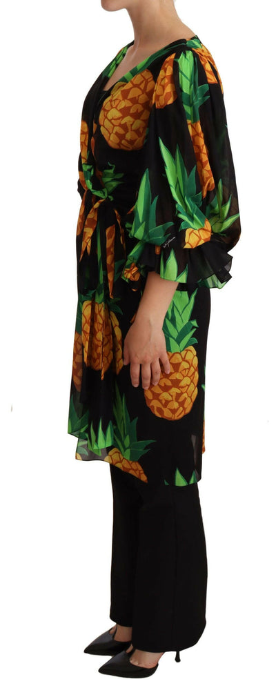 Dolce & Gabbana Schwarzes Wickelkleid aus Stretchseide mit Ananas-Print