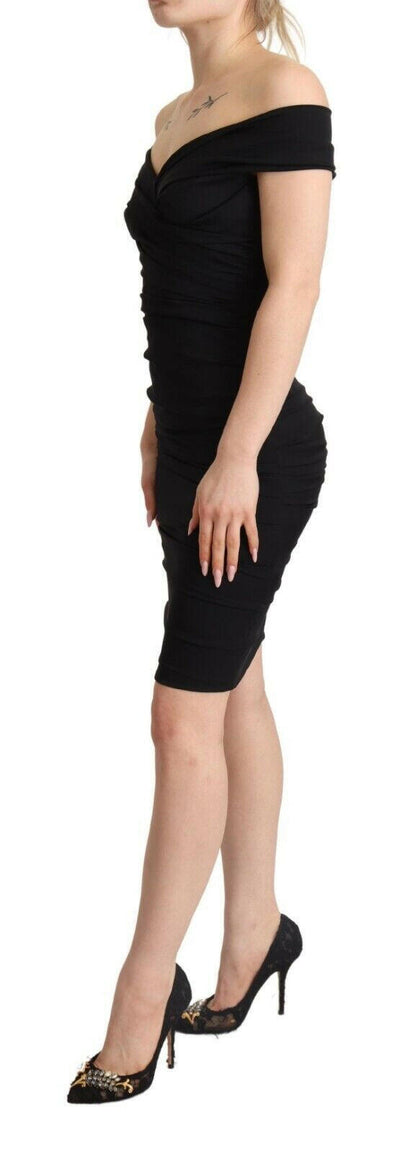 Dolce & Gabbana – Bodycon-Etuikleid aus schwarzer Seide mit schulterfreiem Schnitt