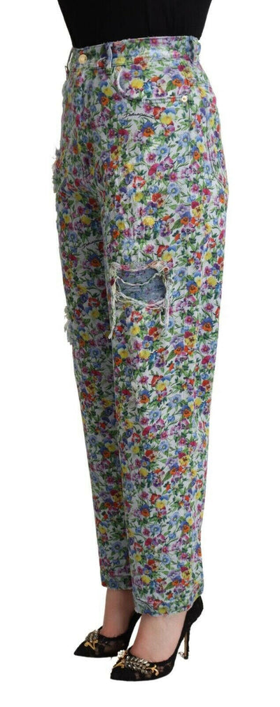 Dolce & Gabbana – Blaue, schmal zulaufende Jeans aus Denim mit Blumenmuster und hoher Taille