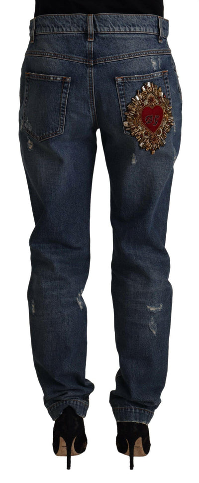 Dolce & Gabbana Blue Denim Barock Herz Logo Patch Hose Jeans