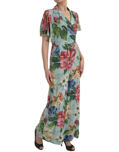 Dolce & Gabbana Blue Floral Wide Leg Wrap Jumpsuit Dress
