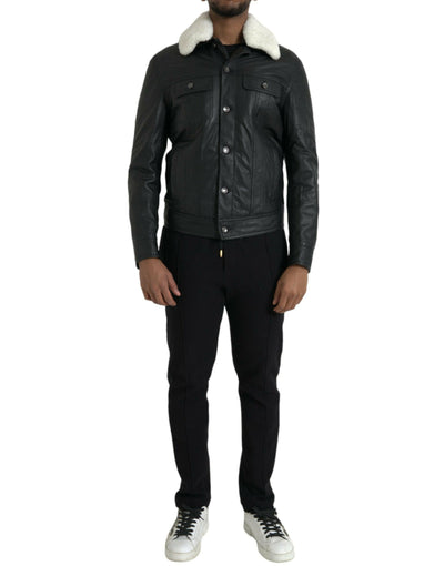 Dolce & Gabbana - Veste motard en cuir noir avec col en fourrure