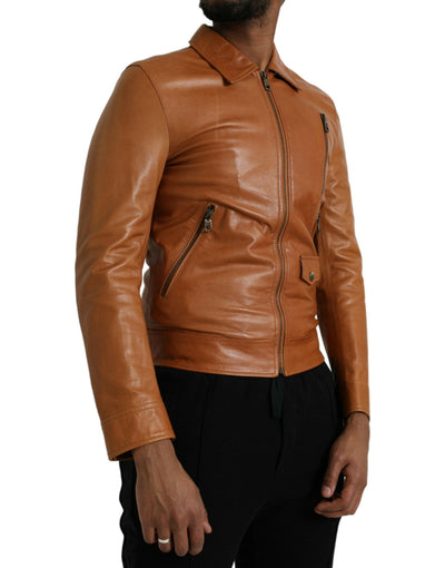 Blouson zippé en cuir d'agneau marron Dolce & Gabbana