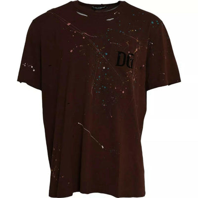 Dolce & Gabbana Braunes T-Shirt aus Baumwolle mit Farbspritzern und Rundhalsausschnitt
