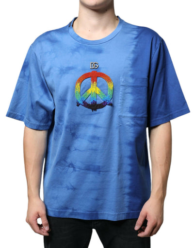Dolce & Gabbana – Blaues Baumwoll-T-Shirt mit Batikmuster und Peace-Zeichen