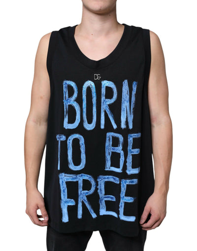 Dolce & Gabbana Schwarzes ärmelloses T-Shirt „Born To Be Free“ aus Baumwolle