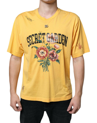 Dolce & Gabbana Gelbes T-Shirt mit Rundhalsausschnitt aus geblümter Baumwolle „Secret Graden“