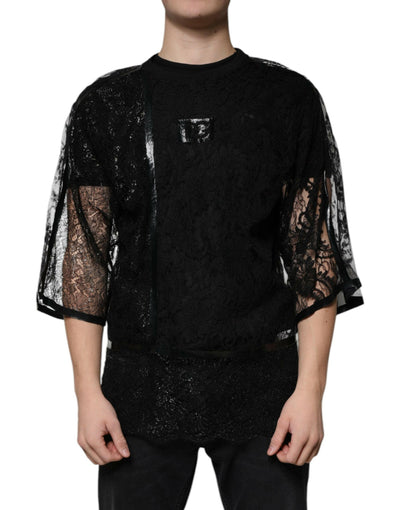 T-shirt ras du cou en nylon noir et dentelle florale Dolce & Gabbana