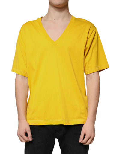 T-shirt à manches courtes et col en V en coton jaune Dolce & Gabbana
