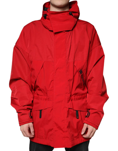 Parka à capuche en nylon rouge Dolce & Gabbana pour homme avec fermeture éclair intégrale