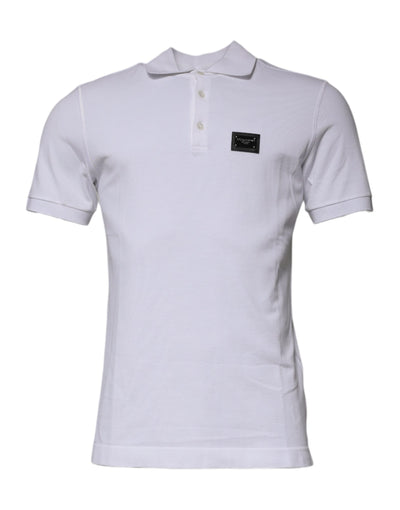 Polo à col en coton blanc avec plaque logo Dolce & Gabbana