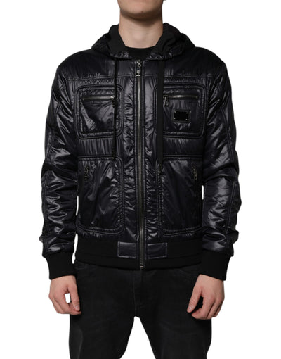 Dolce & Gabbana Veste blouson à capuche en nylon noir avec fermeture éclair intégrale