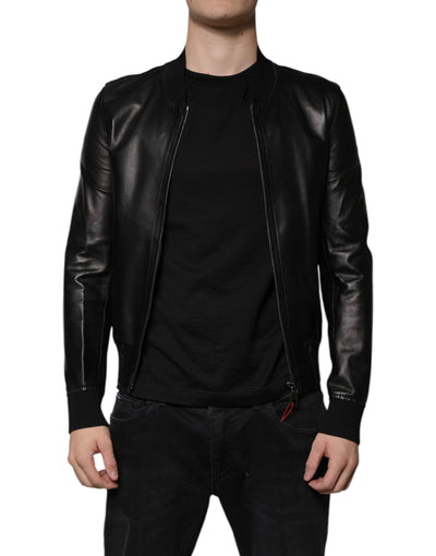 Dolce & Gabbana Veste motard zippée en cuir d'agneau noir