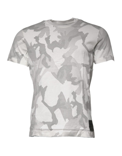 Dolce & Gabbana – T-Shirt aus Baumwolle mit Rundhalsausschnitt in Weiß und Grau mit Camouflage-Muster