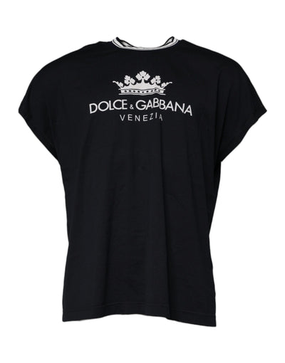 Dolce & Gabbana Dunkelblaues T-Shirt aus Baumwolle mit Rundhalsausschnitt und Krone