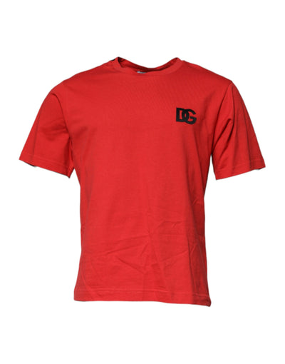 Dolce & Gabbana – Rotes T-Shirt aus Baumwolle mit Rundhalsausschnitt und DG-Logo-Patch