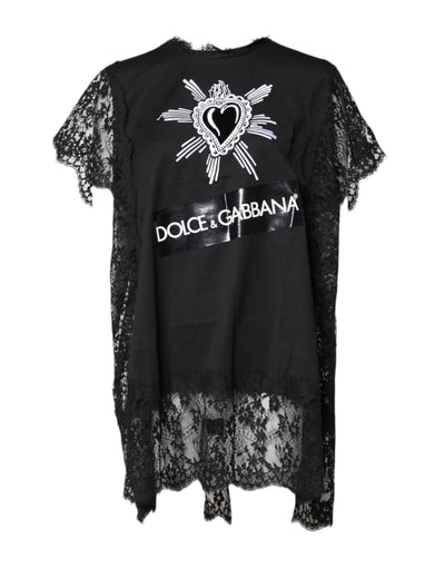 Dolce & Gabbana – Schwarzes, transparentes Oberteil mit Rundhalsausschnitt und Herzmotiv aus Spitze