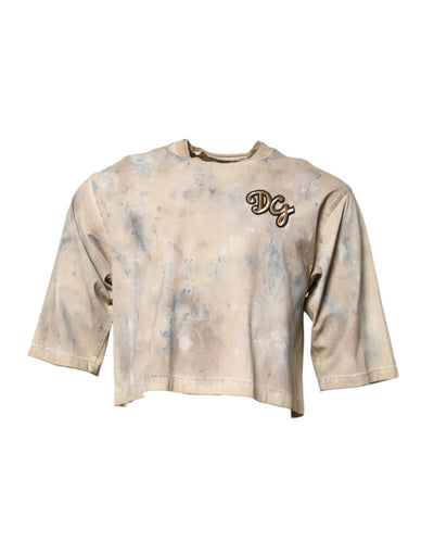 Dolce & Gabbana – Kurzes T-Shirt mit Batikmuster und DG-Stickerei in Beige