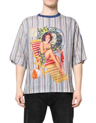 Dolce & Gabbana – Mehrfarbig gestreiftes Pin-Up-T-Shirt aus Leinen mit Rundhalsausschnitt