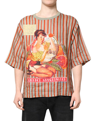 Dolce & Gabbana – Mehrfarbig gestreiftes grafisches Leinen-T-Shirt mit Rundhalsausschnitt