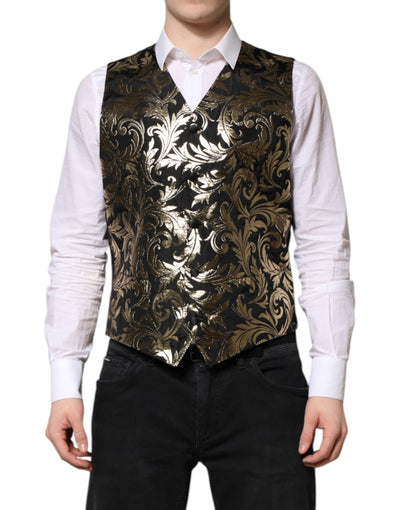 Dolce & Gabbana Black Gold Jacquard Formal Men Waistcoat Vest