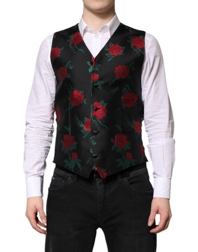 Dolce & Gabbana Red Floral Brocade Formal Men Waistcoat Vest