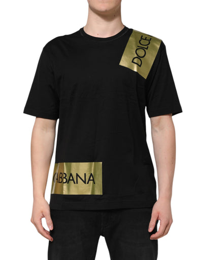 Dolce & Gabbana Schwarzes T-Shirt aus Baumwolle mit Rundhalsausschnitt und Logoband für Herren