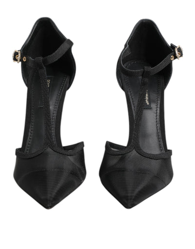 Dolce & Gabbana Black Mesh T-strap Stiletto High Heels Shoes