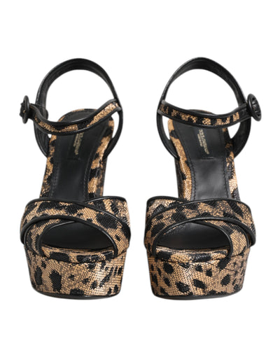 Dolce & Gabbana Brown Leopard Wedges Ankle Strap Sandals Shoes