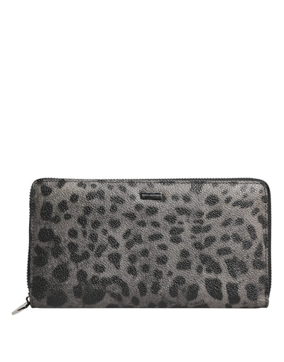 Dolce & Gabbana Black Gray Leopard Leather Zip Around Continental Wallet