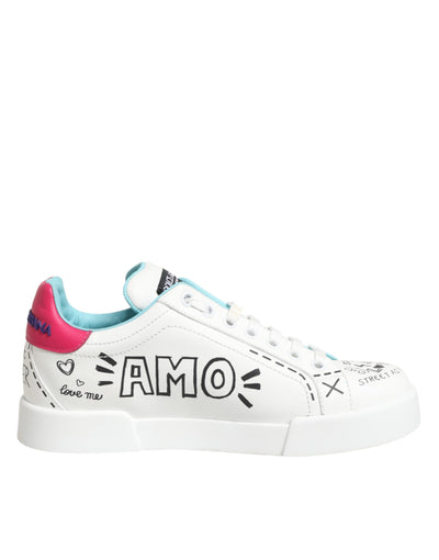 Dolce & Gabbana White Leather Graffiti Low Top Sneakers Shoes