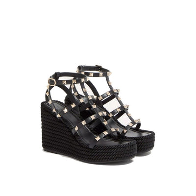 Valentino Garavani Black Calfskin Wedge Sandals