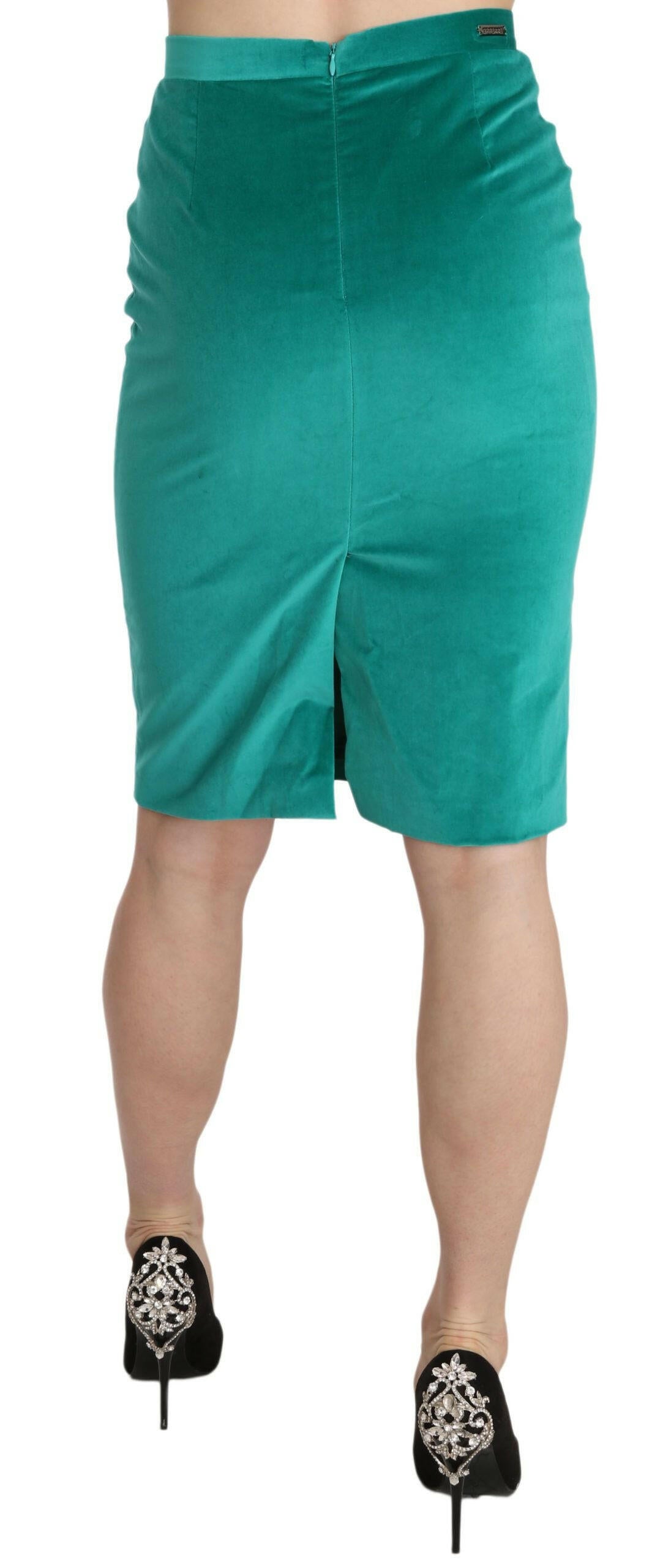 GF Ferre Green Solid Twill Knee Length Pencil Midi Skirt