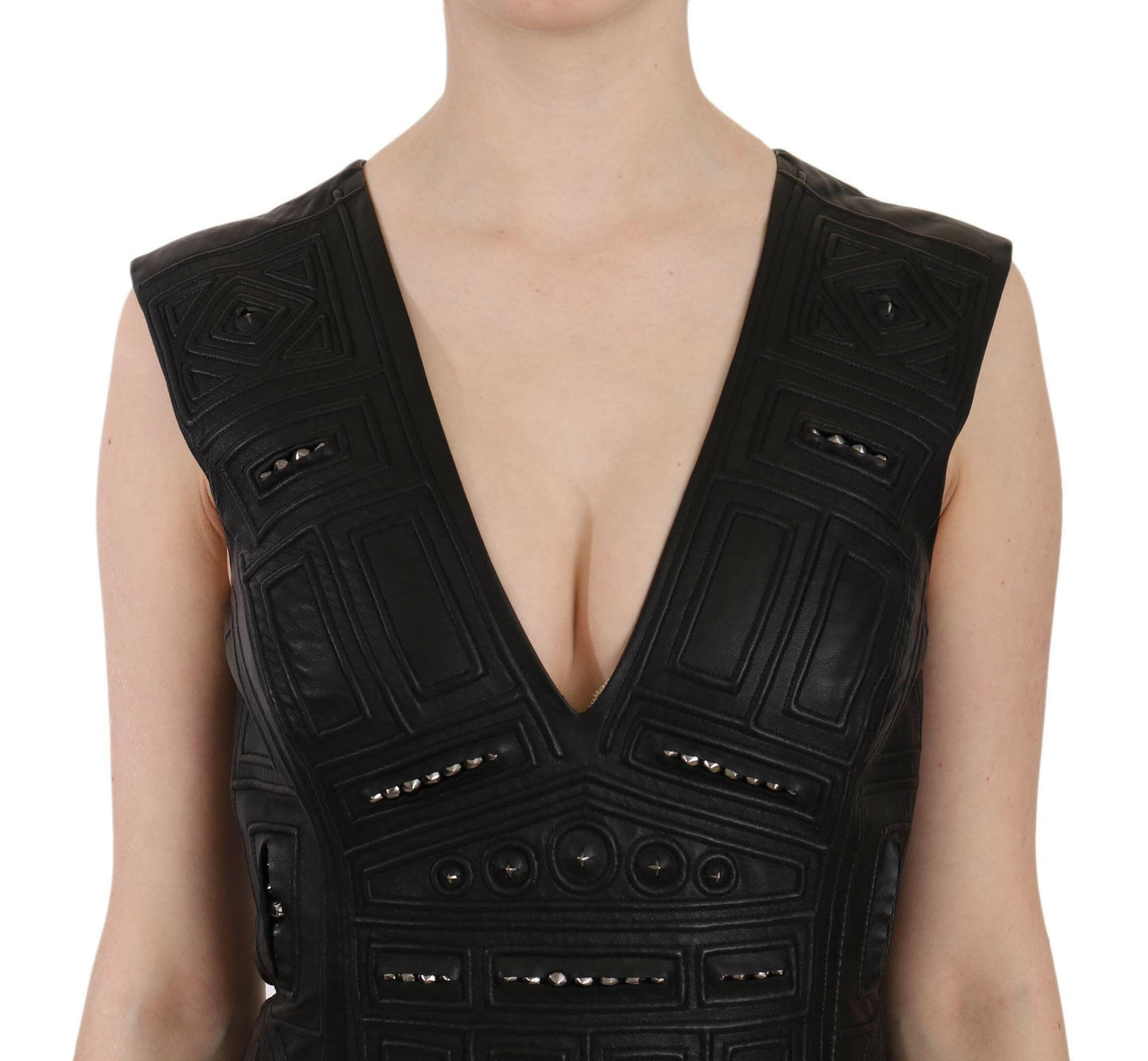 John Richmond Black Leather Studded Mini Shift Dress