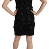 John Richmond Black Silk Leather Flowers Sheath Dress