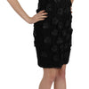 John Richmond Black Silk Leather Flowers Sheath Dress