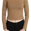GF Ferre – Braune, schmale Crop-Top-Bluse mit Rundhalsausschnitt und langen Ärmeln