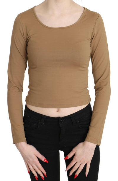 GF Ferre – Braune, schmale Crop-Top-Bluse mit Rundhalsausschnitt und langen Ärmeln