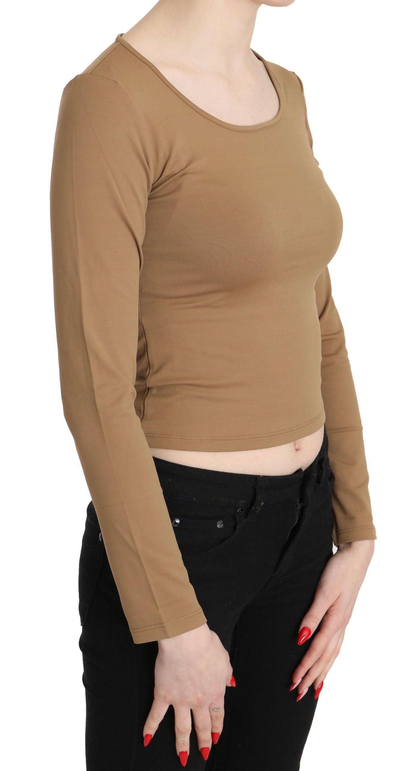 GF Ferre – Braune, schmale Crop-Top-Bluse mit Rundhalsausschnitt und langen Ärmeln