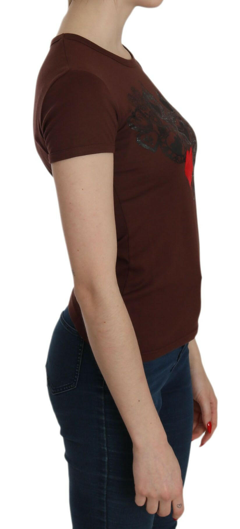 Exte Braunes T-Shirt mit Rundhalsausschnitt und Herzdruck, kurzärmlige Bluse