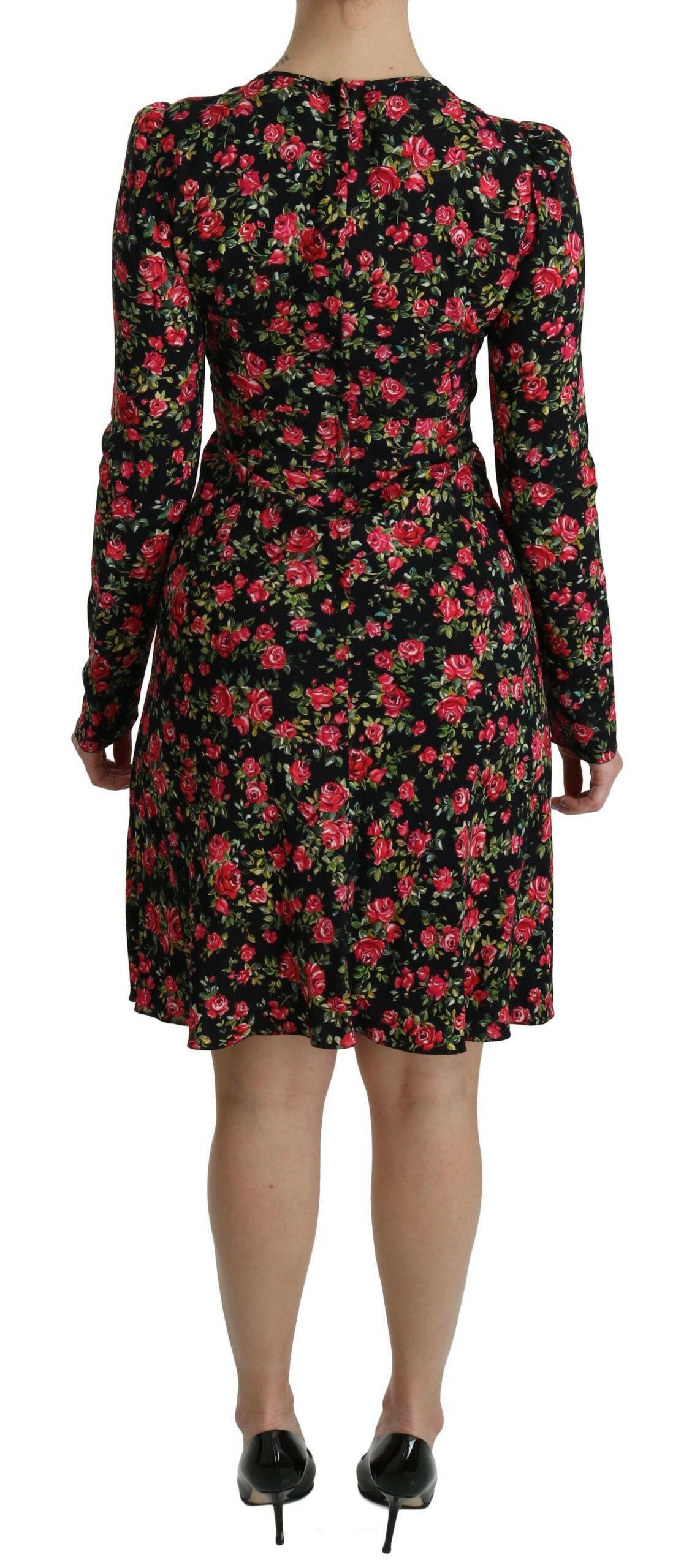 Dolce &amp; Gabbana – Schwarzes, langärmliges, knielanges Kleid mit Blumenmuster