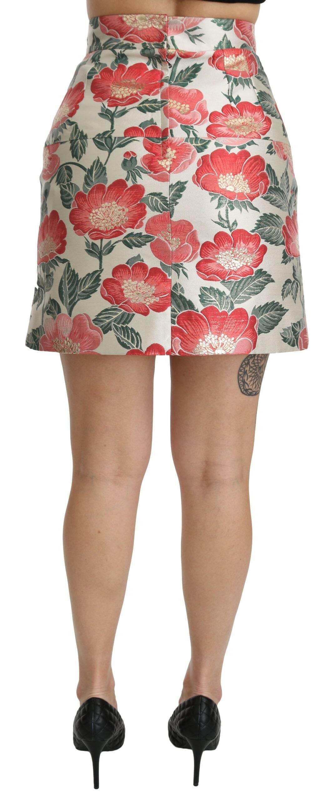 Dolce & Gabbana White Green Red Floral High Waist Mini Skirt