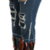 Dolce &amp; Gabbana Blaue, verkürzte Jeans aus Baumwolle mit niedriger Taille und Federn