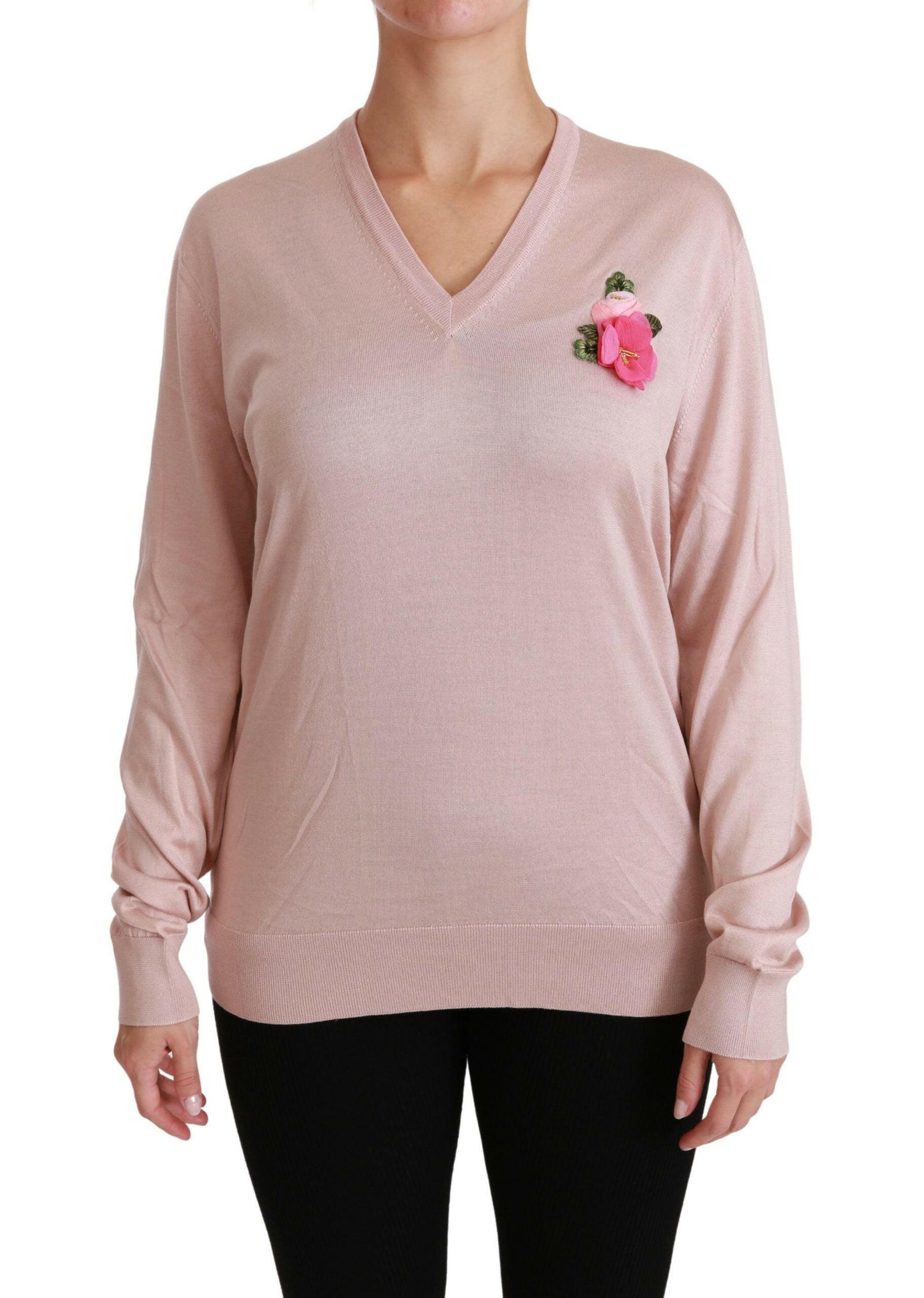Dolce &amp; Gabbana – Seidenpullover mit rosa Blumenverzierung