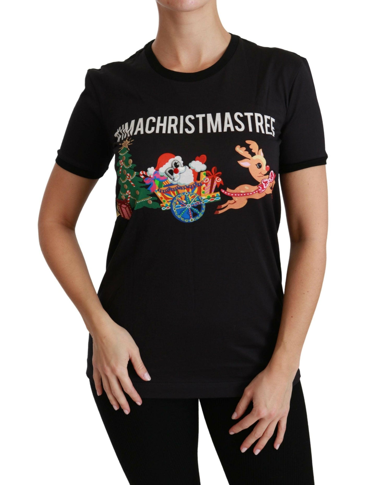 Dolce &amp; Gabbana – Schwarzes T-Shirt mit Rundhalsausschnitt „#ImAChristmasTree“