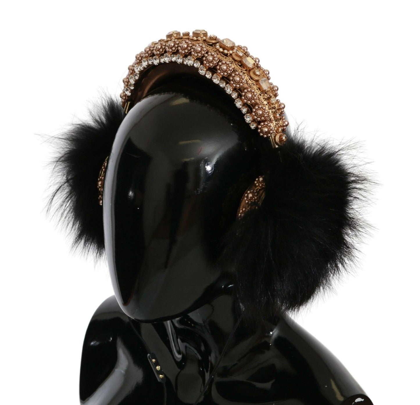 Dolce & Gabbana Gold Black Crystal Fur Headset Audio Headphones