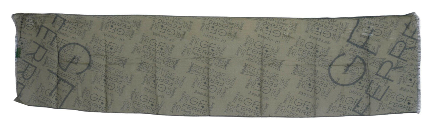 GF Ferre Green Wool Viscose Foulard Patterned Branded Scarf