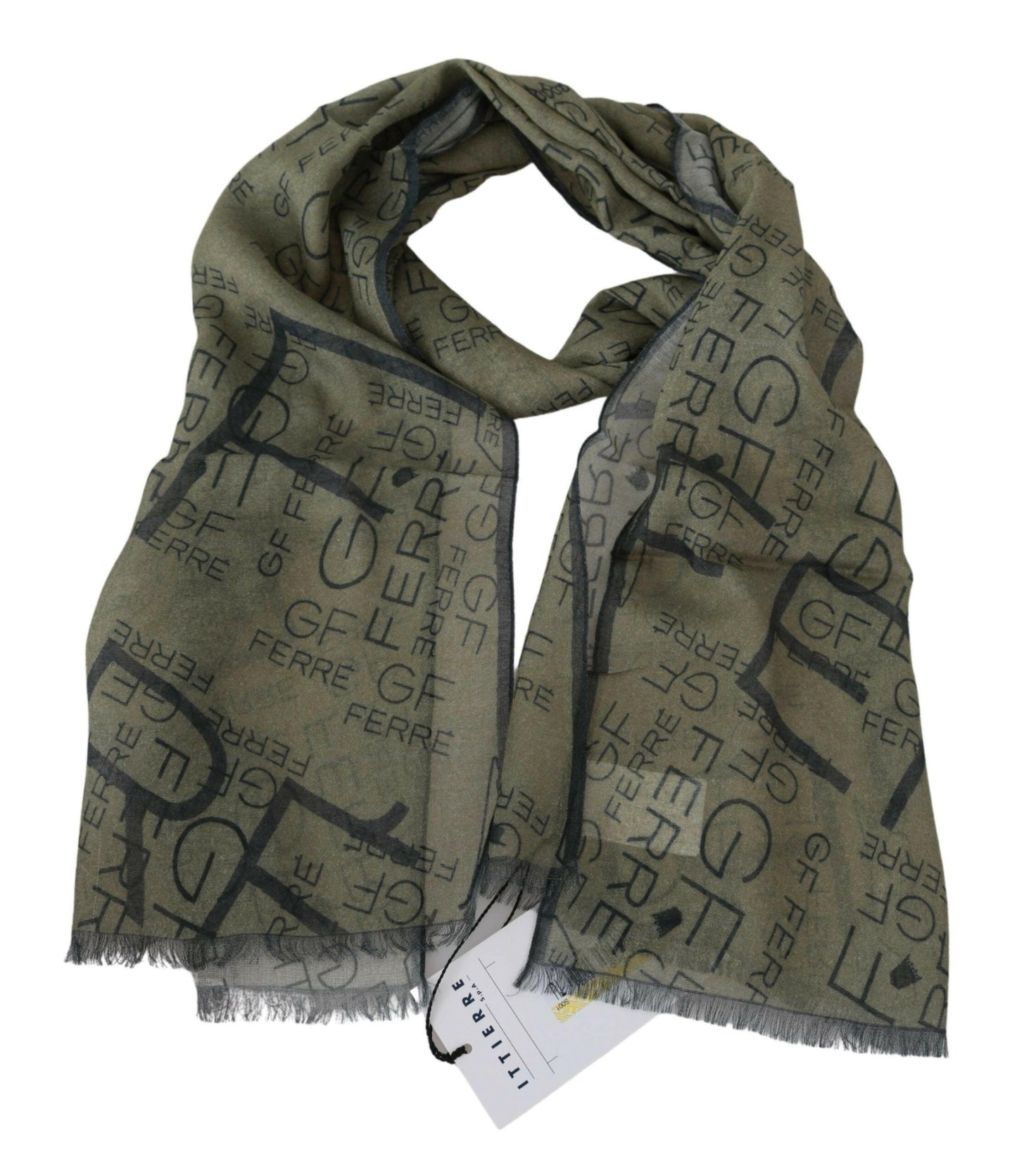 GF Ferre Green Wool Viscose Foulard Patterned Branded Scarf
