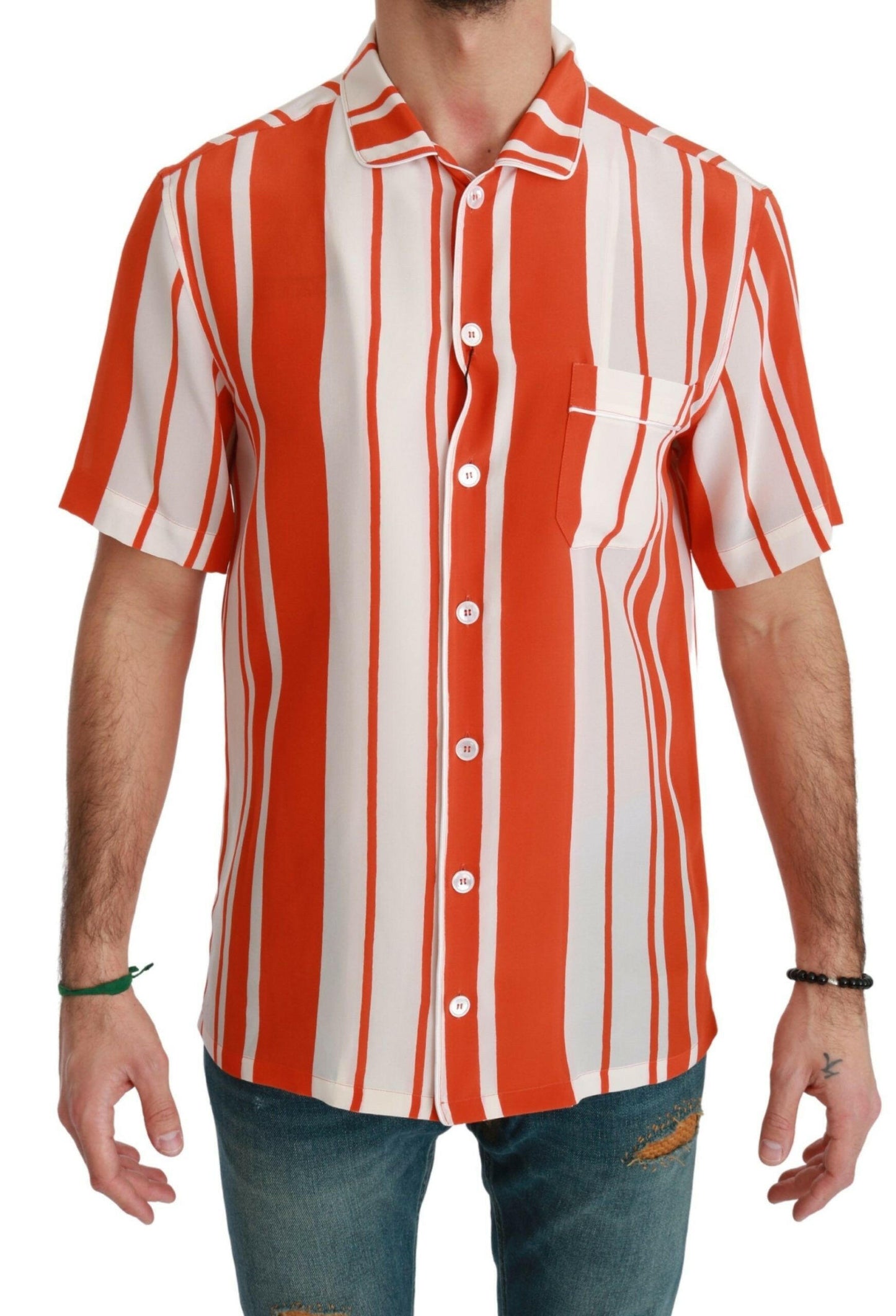 Chemise élégante en soie à rayures Dolce &amp; Gabbana - Blanc et orange